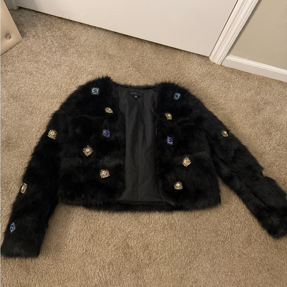 Endless Rose Black Faux Fur Cropped Jacket with Jeweled Accents